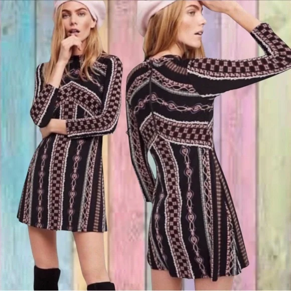 Free People Stella Black Patterned Mock Neck Lined Mini Dress - Picture 3 of 11